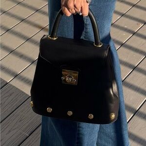 Ferragamo Gancini Top Handle Bag Black Leather Satchel Gold Hardware Structured